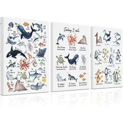 3 PCs Ocean Canvas Wall Art - Framed Sea Animals Wall Decor Alphabet Number Prints - Nursery & Bedroom Playroom Toddler Boys Girls Baby Room Decor
