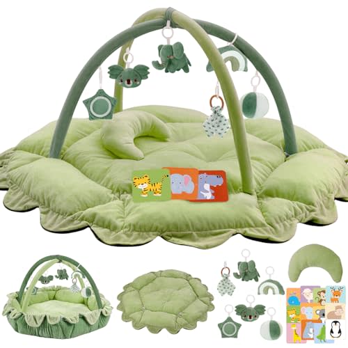 5-in-1 Plush Baby Play Gym, Tummy time mat, Play Mat, Baby Gym, Activity Mat with Convertible Gym and Cushion, 6 Sensory Toys, Play Center from Newborn to Toddler, Green