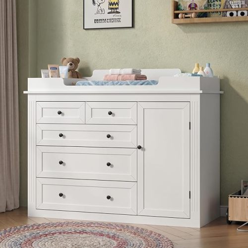 47.24" Baby Dresser with Large Changing Table Top, White Baby Changing Table with 5 Drawers & Door Shelf, Modern Nursery Dresser with Adjustable Shelf, Diaper Changing Station for Kids Bedroom (White)