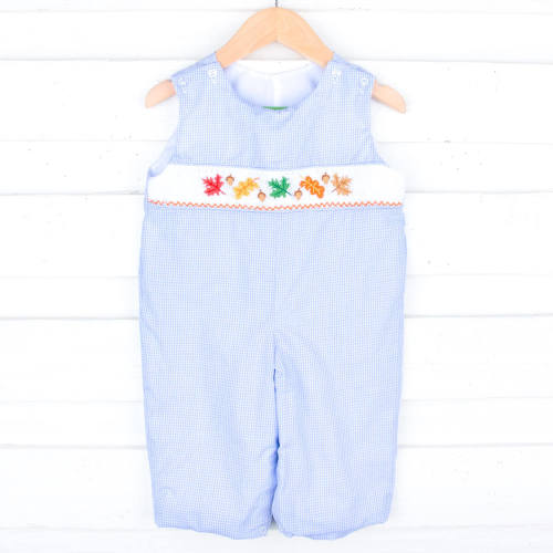 Leaves And Acorn Smocked Light Blue Gingham Longall