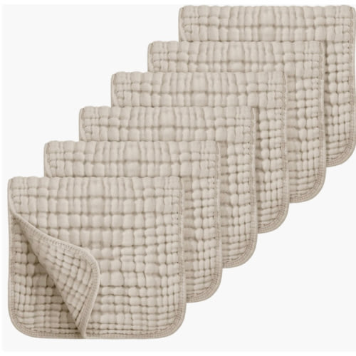 Looxii Muslin Burp Cloths 6 Pack - 20" x 10" - Ultra Soft & Absorbent, 6-Layer 100% Cotton for Spit Up & Drool- Gentle Neutral Burping Cloths, Baby Newborn Essentials Gifts for Boys Girls, Apricot
