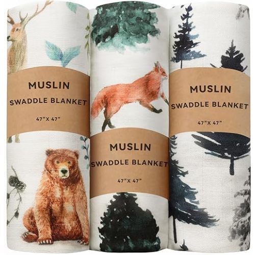 3 Pack Baby Muslin Swaddle Blankets Gender Neutral Large Swaddles for Newborn Baby Boys or Girls Light Receiving Blankets Newborn Infant Essentials for Mom (Woodland)