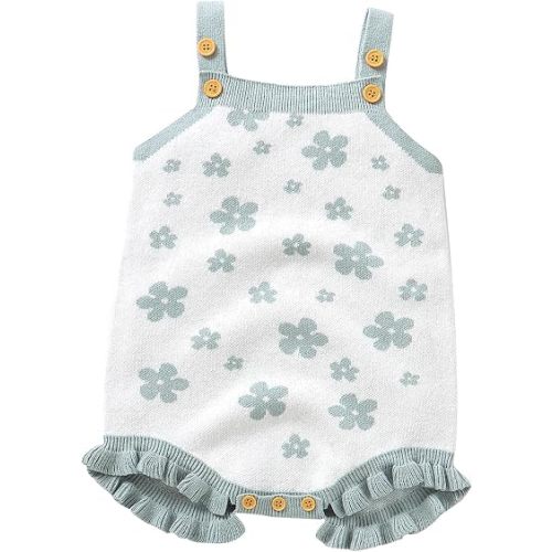 Infant Baby Girl Sleeveless Knit Romper Onesie Embroidery Floral Strappy Sweater Romper One Piece Bodysuit Pullover