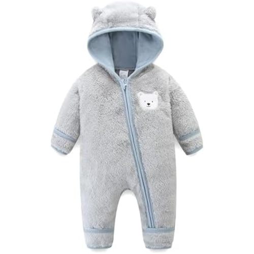 Newborn Baby Fleece Jumpsuit Unisex Infant Bear Hooded Onesie with Mitten Cuffs Winter Warm Snowsuit Outfit
