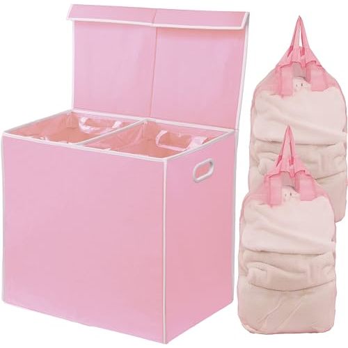 Simple Houseware Double Laundry Hamper with Lid and Removable Bags, Pink