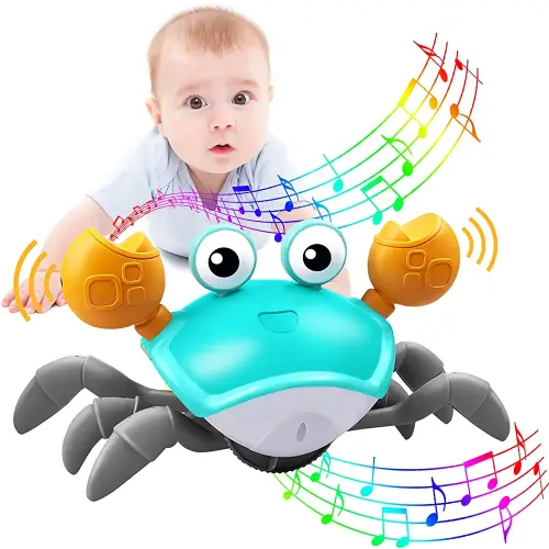 Crawling Crab Baby Toy,Tummy Time Baby Toys Build in Rechargeable Battery with Music and LED Light Will Automatically Avoid Obstacles for Toddler Interactive Development Toy