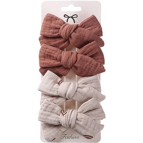 4pcs Hair Bows for Girls, 3 Inch Muslin Gauze Baby Bows Clips Fully Lined Barrettes, Soft Cotton Baby Hair Accessories for Infant Toddlers Kids in Pairs Fall Color (Brown)