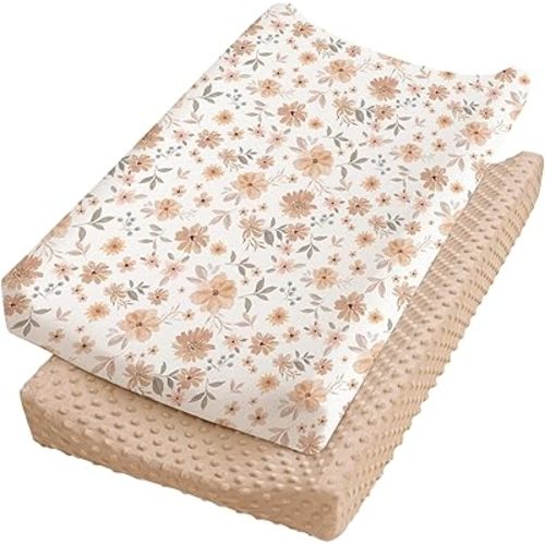 Konssy Minky Changing Pad Cover 2 Pack, Soft Minky Dots Plush Diaper Changing Table Cover Set, Breathable Changing Pad Sheets for Baby Girls Boys (Flourish, Clay)