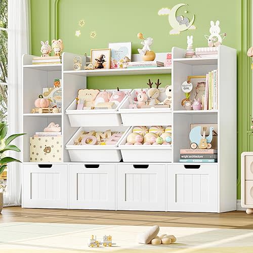 Toy Storage Organizer, Toy Organizer with 4 Movable Drawers and 4 Box Bins, Kids Playroom Storage Organization with Hidden Wheels for Living Room, Kids Room