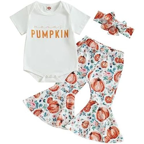 Infant Baby Girl Halloween Outfit Long Sleeve Romper Mamas Pumpkin Bell Bottoms Headband Set Cute Newborn Fall Clothes