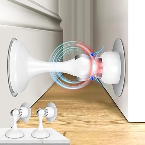 Crosize Magnetic Door Stoppers 2 Pack, Stainless Steel Door Stops for Wall and Floor Mounting, Door Holder Keep Door Open, No Drilling Door Stop with Adhesive Tapes, White