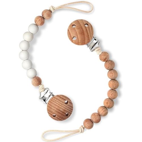 2 Packs Pacifier Clips for Baby, 100% Food Grade Silicone Pacifier Holders, Paci Binky Clips for Baby Girl and Boy, Natural Beech Hardwood (White & Hardwood)