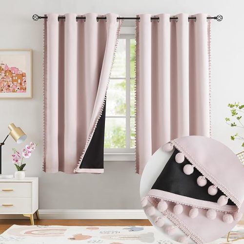 Jubilantex Pom Pom Blackout Curtains Blush Pink Thermal Insulated Curtains Blackout Window Treatments 63" Long for Girls Kids Bedroom,52" Wide,2 Panels