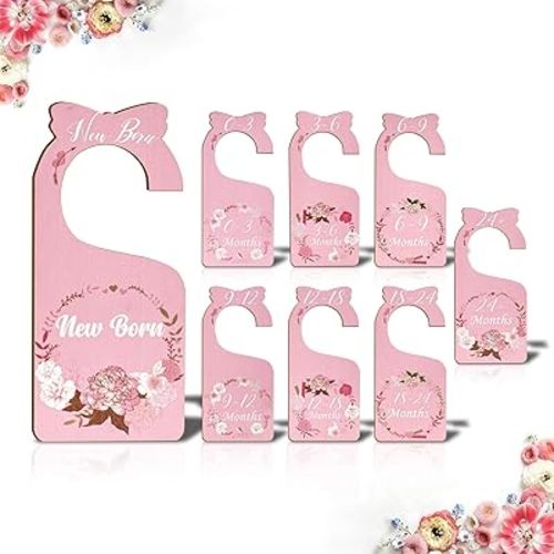 Baby Closet Dividers for Clothes Organizer, 8 Pack Pink Flowers Wooden Double-Sided Baby Clothes Size Hanger Organizer from Newborn to 24 Months for Daycare Wardrobe, Boho Nursery Decor