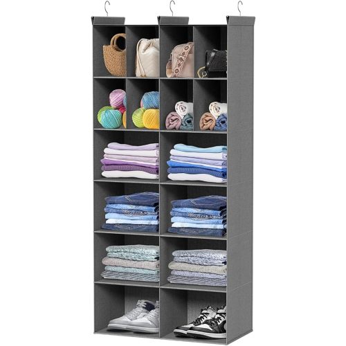 6 Tier Hanging Closet Organizer, 16 Compartments Sweater Organizer for Closet with 3 Sturdy Hooks, Closet Organizers and Storage, Wardrobe, Rv, Garment Rack, Grey