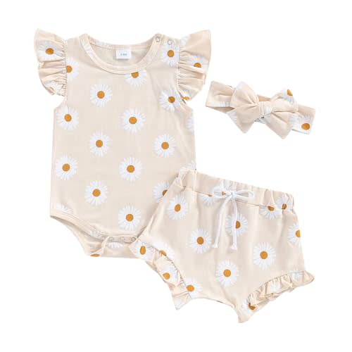 Hnyenmcko Newborn Baby Girl Clothes Daisy Print Fly Sleeve Romper Ruffle Bloomer Shorts Headband Set Infant Summer Outfits