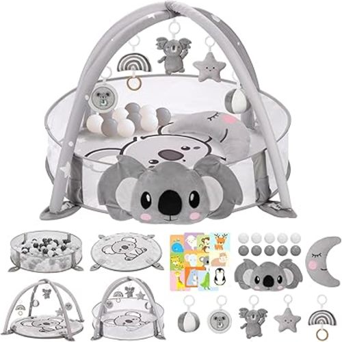 7-in-1 XL Large Baby Play Gym Mat, Tummy Time Mat, Baby Gym & Ball Pit, Baby Activity Mat with Milestone Cards & 5 Detachable Toys for Sensory Motor Skill Development Grey Koala