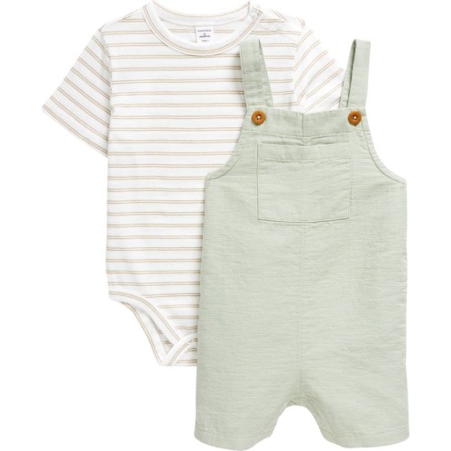 Baby Cotton Bodysuit & Shortalls Set, 6M, Green Mirror- White Stripe