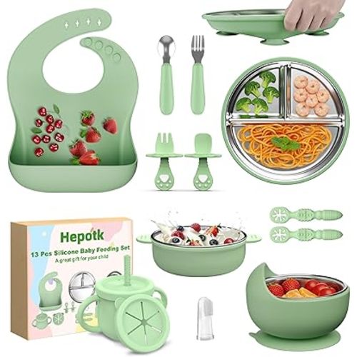 13 Pack Silicone Baby Feeding Set, BPA-Free Stainless Steel Toddler Feeding Supplies, Include Suction Plates, Baby Bowls, Silicone Fork & Spoon, and More, First Stage Baby Dish Set - 6+ Months