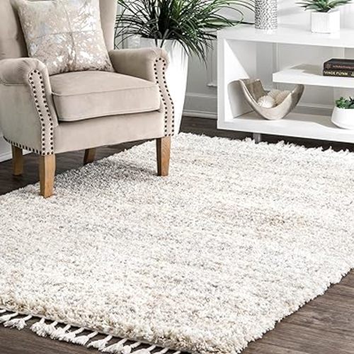 nuLOOM Brooke Shag Tasseled Area Rug - 5x8 Shag Area Rug Casual Ivory Rugs for Living Room Bedroom Dining Room Nursery