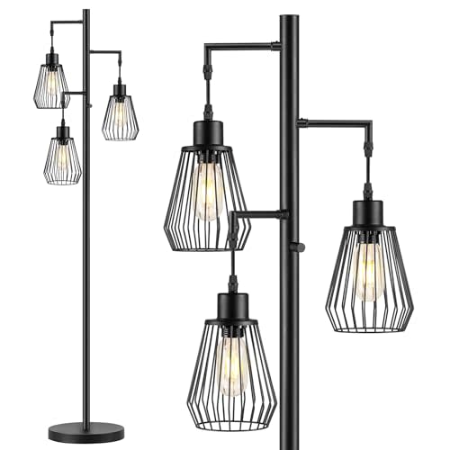 SUNMORY Dimmable Floor Lamp, 68 Inch Tall Lamps for Living Room, Standing Lamp with 3 x 6w LED Edison Bulbs, Tree Lamp, Farmhouse Industrial Floor Lamp for Bedroom, Office, Home Decor, Black