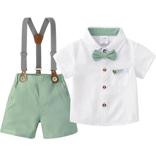 Baby Boys Gentleman Shorts Sets, Infant Outfits Suits, Shirt+Shorts+Bow Tie+Suspenders