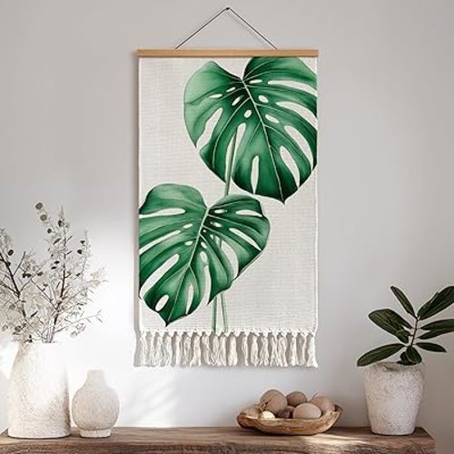 JveeLinn Large Monstera Leaf Wall Hanging Tapestry, Botanical Green Plant Wall Decor with Tassels, Aesthetic Tropical Fabric Wall Art for Bedroom Living Room, Modern Nordic Home Decor
