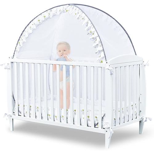 South to East Crib Tent - Pop Up Baby Safety Crib Cover to Keep Baby from Climbing Out, 2 Locking Zippers, Breathable Mesh for Crib, Crib Net to Keep Baby in, Ruffles with Elephant and Star Pattern