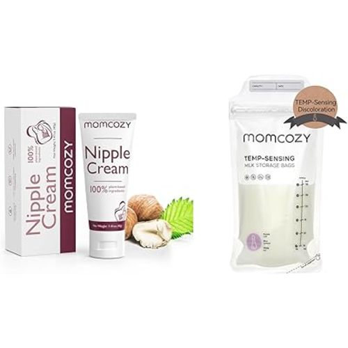 Momcozy Temp-Sensing Breastmilk Storing Bags, 200pcs & Momcozy 100% Natural Nipple Cream