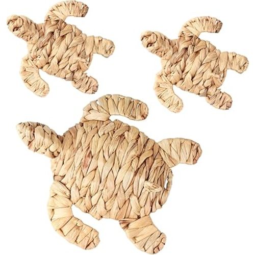 3 Pcs Sea Turtle Beach Theme Decor 2 Sizes Handmade Wicker Sea Turtle Wall Decor Art Hanging Coastal Ornament Nautical Beachy Sculpture Wall Decoration Art for Boho Bathroom Indoor Outdoor