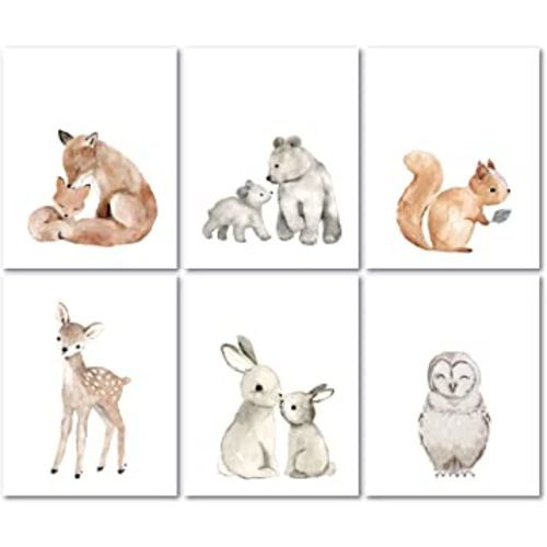 Lambs & Ivy Watercolor Woodland Animals 6-Piece Unframed Nursery Wall Art Decor