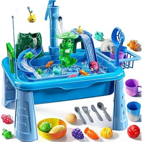 Water Table Play Sink Toy for Kids 2 3 4 5 6 Years Old - Outdoor Kitchen with Running Water, Fishing Games, Toddler Water Play Table for Kids Ages 3-8, Beach Outdoor Toys, Summer Gifts