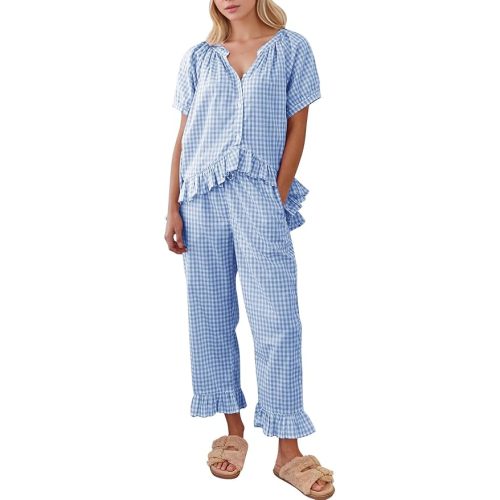 COZYPOIN Womens Gingham Pajama Set 2 Piece Plaid Cotton Pjs Cute Ruffle Sleepwear Maternity Bridesmaid Pajamas Loungewear