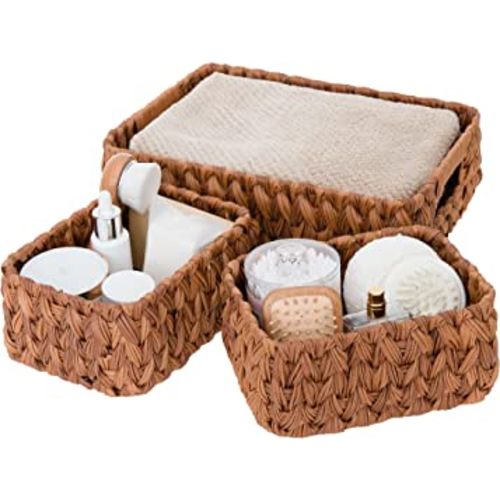 GRANNY SAYS Wicker Baskets for Organizing, Wicker Storage Baskets for Shelves, Set of Small Wicker Baskets, Toilet Basket Tank Topper, Caramel Orange, 3-Pack