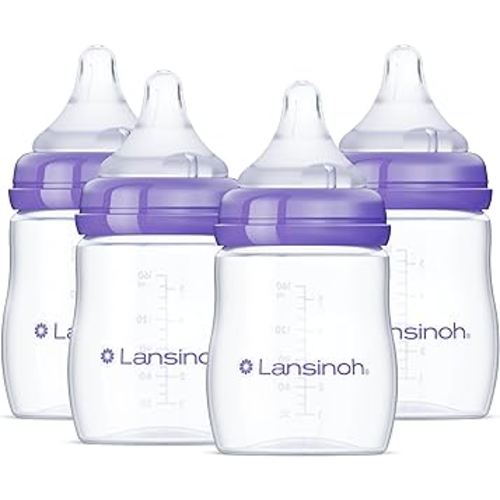 Lansinoh Anti-Colic Baby Bottles for Breastfeeding Babies, 5 Ounces, 4 Count, Includes 4 Slow Flow Nipples, Size S