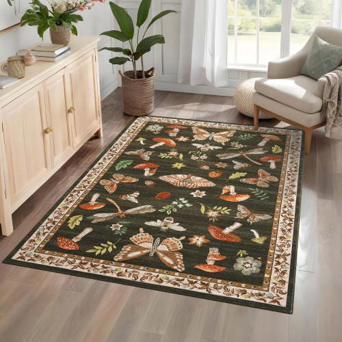 Washable Area Rugs 5x7 Vintage Mushroom Rug for Bedroom Low Pile Soft Non-Slip Throw Mat Modern Insect Print Nursery Carpets for Living Room Office Nursery, Brown