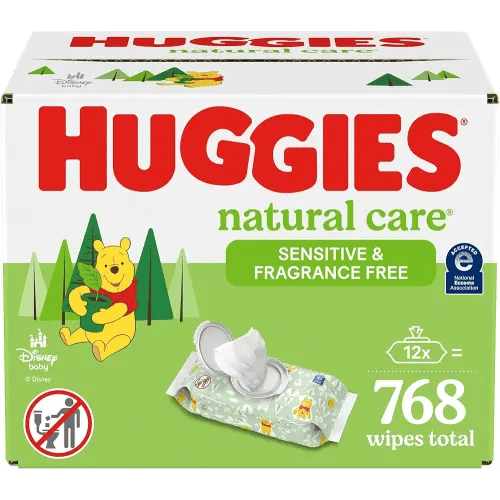Huggies Natural Care Sensitive Baby Wipes, Unscented, Hypoallergenic, 99% Purified Water, 12 Flip-Top Packs (768 Wipes Total), Packaging May Vary