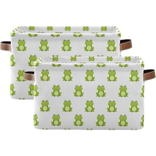 Emelivor Cute Green Frog Storage Bin Collapsible with Handle Rectangle Waterproof Cute Green Frog Basket for Storage Cube Closet Organizer for Toy Nursery Book Office Shelf Bathroom