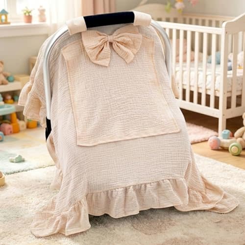 Muslin Baby Car Seat Cover with Bow, Infant Car Seat Canopy for Girls Boys, Hand-Cut Ruffled Baby Carrier Cover with Embedded Mesh Window, Easy Access Carseat Cover for Newborn Shower Gift
