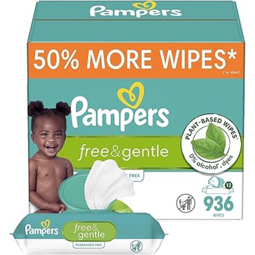 Pampers Baby Wipes, Free & Gentle, Hypoallergenic and Unscented Wipe, 100% Plant Based, Plastic-Free for Babies, 936 Total (12 Flip-Top Packs)