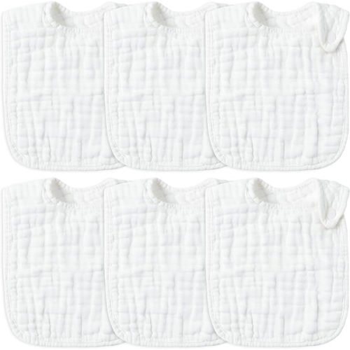 Zainpe 6Pcs Snap Muslin Cotton Baby Bibs White Adjustable Drool Bib with 6 Absorbent Soft Layers, Machine Washable Unisex Burp Cloths for 3 to 36 Months Boys Girls Infant Newborn Toddler