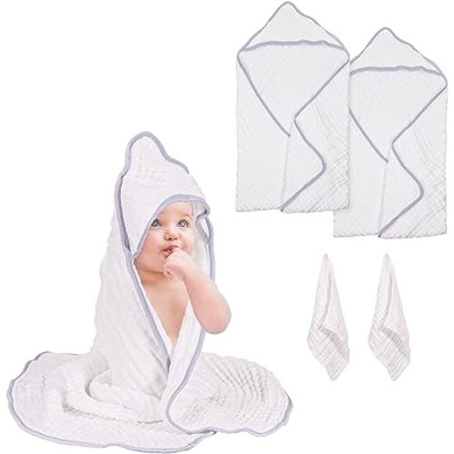 Hooded Baby Towels Muslin Baby Bath Towel 4 Pcs - White