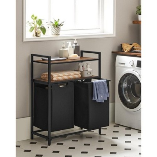 VASAGLE Laundry Hamper Laundry Basket Laundry Sorter with 2 Pull-Out and Removable Bags 2 Shelves Rustic Brown and Black