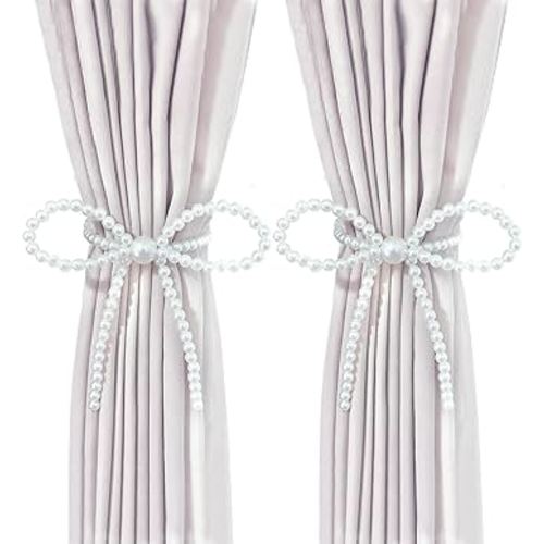 Elegant Pearl Bow Magnetic Curtain Tiebacks – 2 Pack Decorative Curtain Holders, No Drill Strong Magnets for Living Room, Bedroom & Home Décor