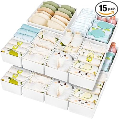 DIMJ Drawer Organizer Clothes 15 Pack - Foldable Baby Organizers and Storage & Dresser Organizer for Bedroom, Closet - Nursery Organization Dresser Dividers for underwear, Sock,Bra, Belt, Tie, White