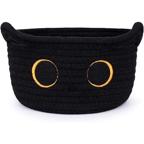 Small Storage Basket, Black Cat Cotton Rope Baskets Woven Blasket for Nursery, Blanket Basket Organizer With Ears Baby Toy Storage Basket for Gifts Cat Dog Bin Toys 8.5×4.5 inches