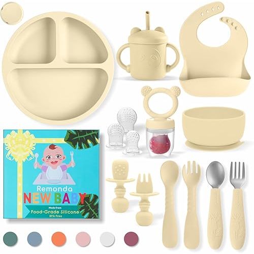 Baby Led Weaning Supplies,Silicone Baby Feeding Set, Baby Gifts,Suction Plate Bowl Set, Self Feeding Utensil Sets, Bib, Cup, Fruit Feeder, First Stage Eating Essentials, 6+ Months(Beige)
