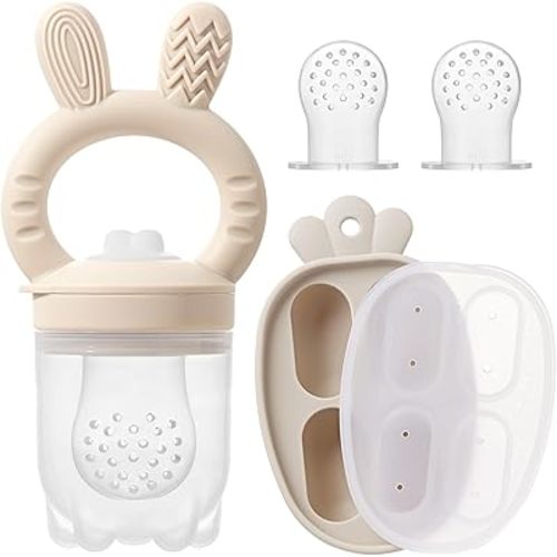 Silicone Baby Fruit Feeder with Freezer Tray Baby Food Feeder Popsicle Molds for Teething Relief Includes Extra Food Pouches (Beige)