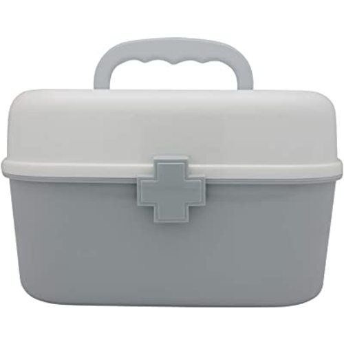 BangQiao Plastic First Aid Storage Box Container Bin with Removable Tray and Portable Handle, Family Emergency Medicine Kit Case Organizer, White&Gray