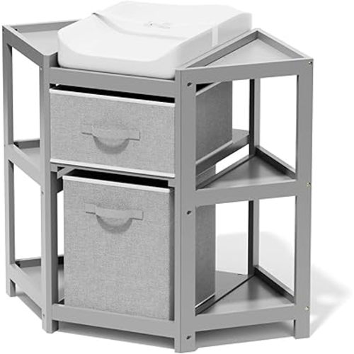Glaf Corner Changing Table for Baby Diaper Changing Station with Storage Drawer Laundry Hamper Multifunctional Changing Station for Newborn Infant with Pad (Grey)
